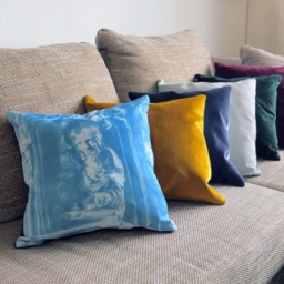 Handprinted Blue Pillow - Cyanotype, Single Item With Velvet & Cloud Motive - thumbnail 4