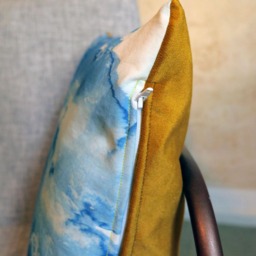 Handprinted Blue Pillow - Cyanotype, Single Item With Velvet & Cloud Motive - thumbnail 3