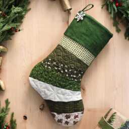 Quilted Christmas Stocking Red & Green Patchwork, Embroidered Cuff - thumbnail 2