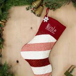 Quilted Christmas Stocking Red & Green Patchwork, Embroidered Cuff - thumbnail 3