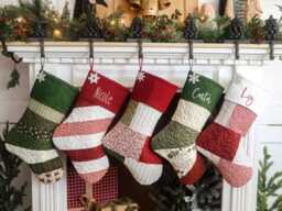 Quilted Christmas Stocking Red & Green Patchwork, Embroidered Cuff - thumbnail 1