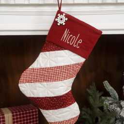 Quilted Christmas Stocking Red & Green Patchwork, Embroidered Cuff - thumbnail 4