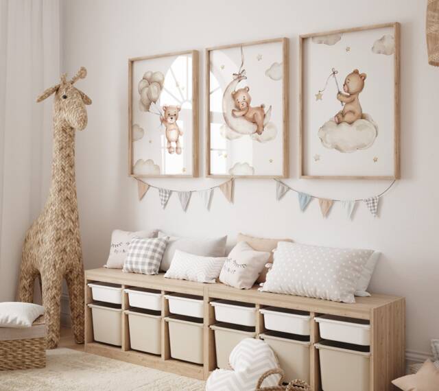 Teddy Bear Nursery Wall Art, Nursery Prints, Bear Decor, Beige Nursery, Stars Cloud Moon, Set Of 3 - image 1