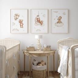 Teddy Bear Nursery Wall Art, Nursery Prints, Bear Decor, Beige Nursery, Stars Cloud Moon, Set Of 3 - thumbnail 2
