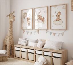 Teddy Bear Nursery Wall Art, Nursery Prints, Bear Decor, Beige Nursery, Stars Cloud Moon, Set Of 3 - thumbnail 1