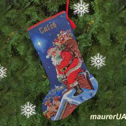Personalised Christmas Stocking Cross Stitch Rooftop Santa - thumbnail 2