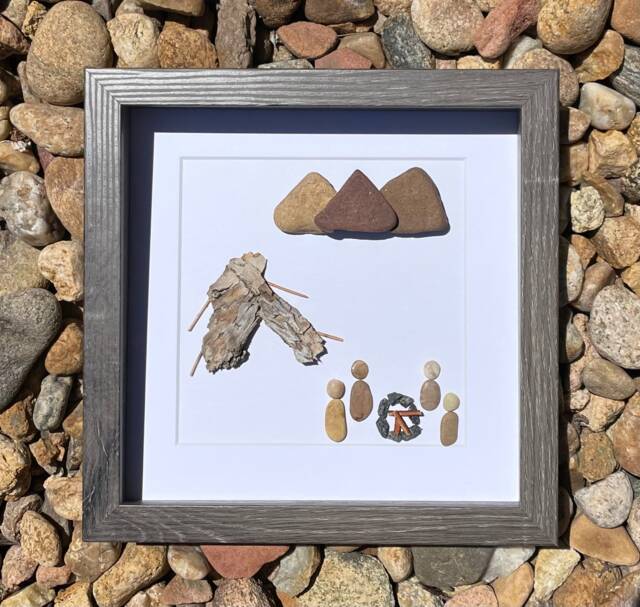 Handmade Pebble Art - Camping Scene, Framed Nature Artwork - image 1