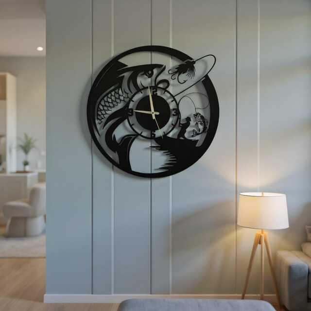 Custom Fishing Wall Clock Unique, Year Date Round Clock, Text Oversize Day Month Circle Fish Metal - image 1