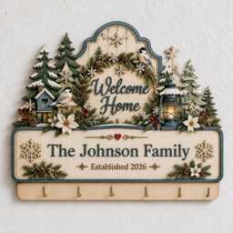 Welcome Home Personalized Family Wooden Key Holder, Custom Winter Wall Decor, Christmas Entryway Organizer, Housewarming Gift - thumbnail 1