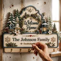 Welcome Home Personalized Family Wooden Key Holder, Custom Winter Wall Decor, Christmas Entryway Organizer, Housewarming Gift - thumbnail 3