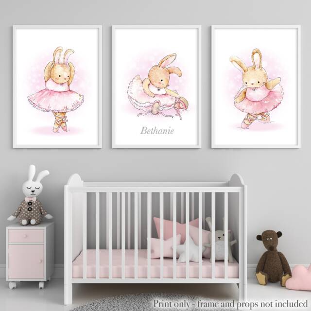 Ballet Wall Art For Girls, Set Of 3 Ballet Bunny Dance Prints, Brown/Grey Girls Nursery Decor, Personalised Ballerina Room Decor With Name - image 1