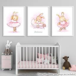 Ballet Wall Art For Girls, Set Of 3 Ballet Bunny Dance Prints, Brown/Grey Girls Nursery Decor, Personalised Ballerina Room Decor With Name - thumbnail 1