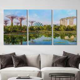 Singapore Gardens By The Bay 3 Panel Split Canvas Wall Art Tropical Green Jungle Skyline Oil Painting Framed Home Decor Travel Gift - thumbnail 2