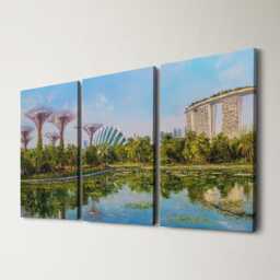 Singapore Gardens By The Bay 3 Panel Split Canvas Wall Art Tropical Green Jungle Skyline Oil Painting Framed Home Decor Travel Gift - thumbnail 1