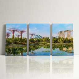 Singapore Gardens By The Bay 3 Panel Split Canvas Wall Art Tropical Green Jungle Skyline Oil Painting Framed Home Decor Travel Gift - thumbnail 3