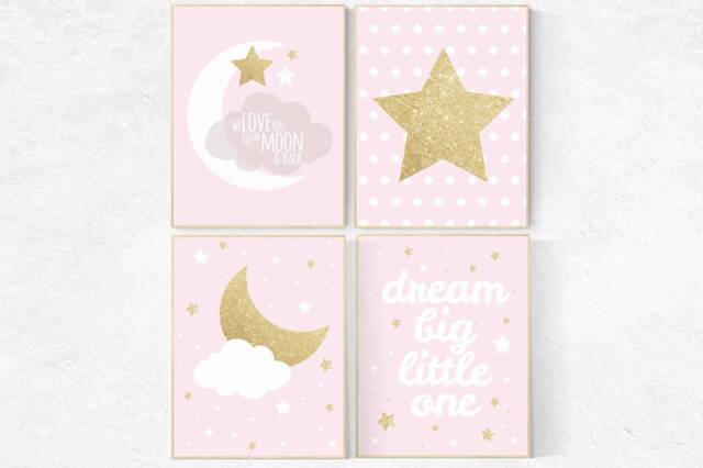 Pink & Gold Star Nursery Wall Art Prints - image 1