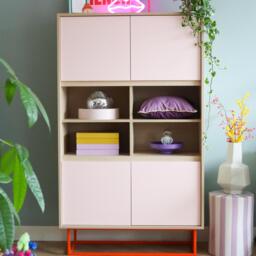 Modern Tall Cabinet/Highboard With Light Pink Doors & Orange Metal Base - thumbnail 1