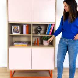 Modern Tall Cabinet/Highboard With Light Pink Doors & Orange Metal Base - thumbnail 2
