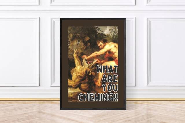 Funny Animal Kitchen Print, Samson & The Lion, Vintage Print Framed Wall Art - image 1