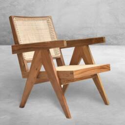 Handmade Pierre Jeanneret Inspired Cane & Teakwood Armchair - Reclaimed With Rattan Caning - thumbnail 4