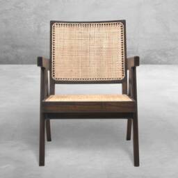 Handmade Pierre Jeanneret Inspired Cane & Teakwood Armchair - Reclaimed With Rattan Caning - thumbnail 3