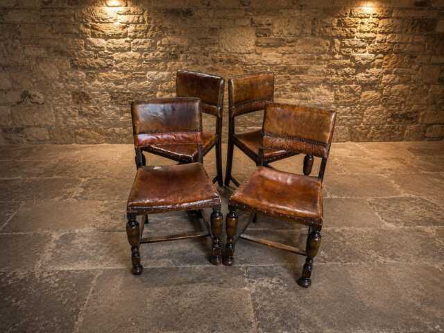 Antique Embossed Leather Oak Dining Chairs - Tudor Revival Set Of 4 - image 1