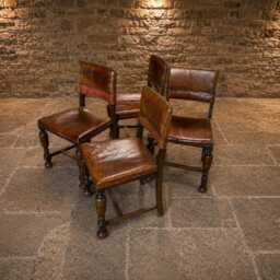 Antique Embossed Leather Oak Dining Chairs - Tudor Revival Set Of 4 - thumbnail 2