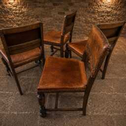 Antique Embossed Leather Oak Dining Chairs - Tudor Revival Set Of 4 - thumbnail 4