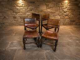Antique Embossed Leather Oak Dining Chairs - Tudor Revival Set Of 4 - thumbnail 1