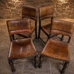 Antique Embossed Leather Oak Dining Chairs - Tudor Revival Set Of 4 - thumbnail 3