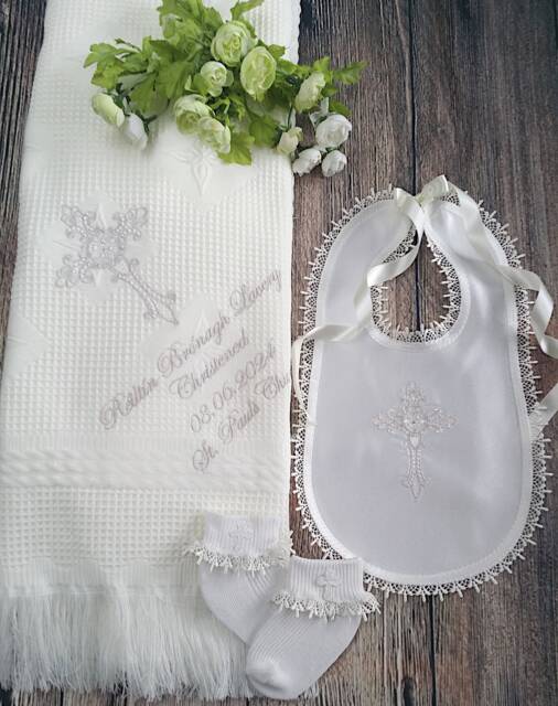 Baptizm Christening Blanket Shawl With Name, Cross For Boys Girls White Cream Catholic Orthodox Also Matching Bibs, Gift Bags, Socks - image 1