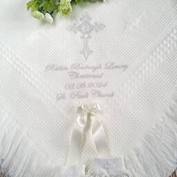 Baptizm Christening Blanket Shawl With Name, Cross For Boys Girls White Cream Catholic Orthodox Also Matching Bibs, Gift Bags, Socks - thumbnail 3