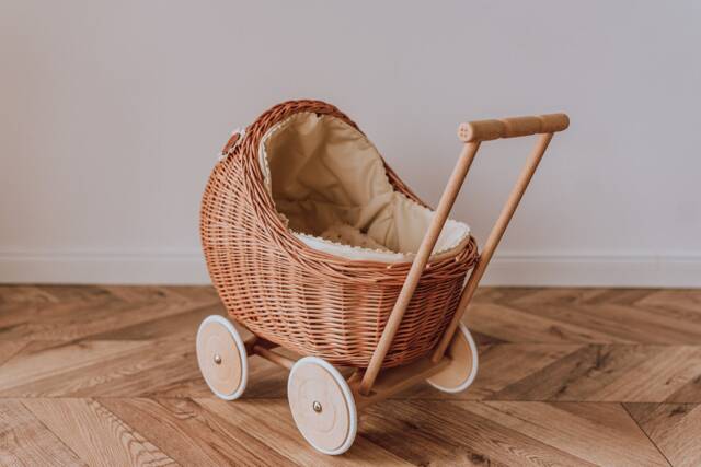 Handmade Wicker Doll Pram Boho Baby Carriage With Bedding - image 1