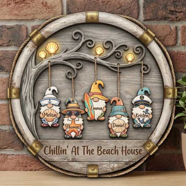 Personalized Beach Gnome Family Sign, Custom Wood Wall Art, Coastal Summer Decor - image 1