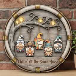 Personalized Beach Gnome Family Sign, Custom Wood Wall Art, Coastal Summer Decor - thumbnail 1