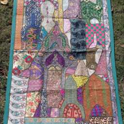 Handmade Indian Patchwork Tapestry - Recycled Textile Embroidered Wall Hanging - thumbnail 2
