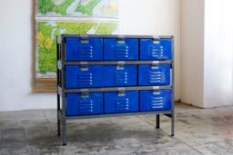 3 X Reclaimed Locker Basket Unit With Royal Blue Drawers & Natural Steel Frame, Free U.s. Shipping