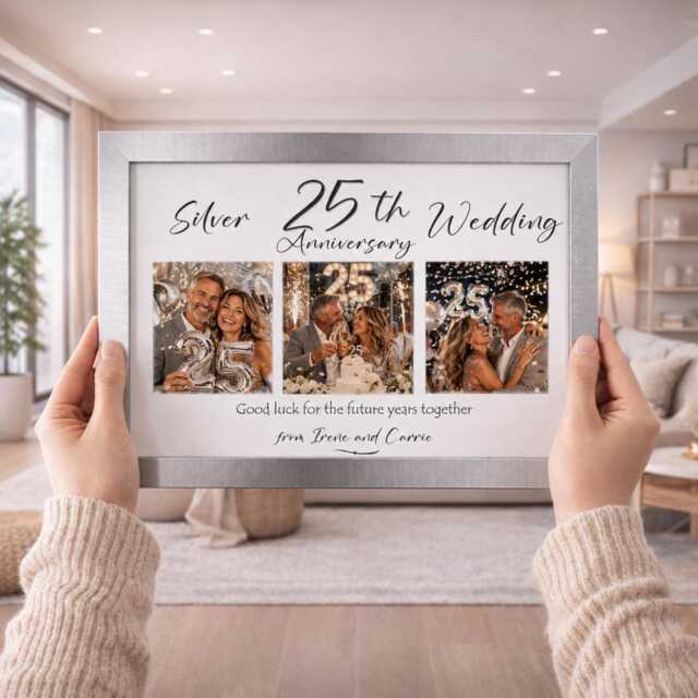 25Th Silver Wedding Anniversary Personalised Photo Frame, Custom 3 Montage Gift For Couples, 25 Year Married Keepsake, 6 Frame Choices - image 1