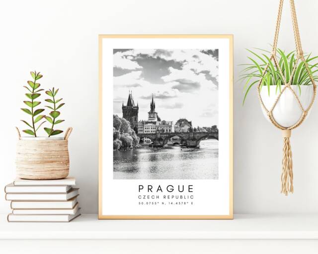 Prague Art Print - Czech Republic Wall Decor Digital Download Travel Poster Black & White Coordinates - image 1