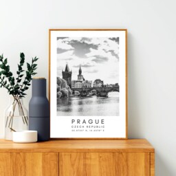 Prague Art Print - Czech Republic Wall Decor Digital Download Travel Poster Black & White Coordinates - thumbnail 2