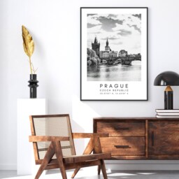 Prague Art Print - Czech Republic Wall Decor Digital Download Travel Poster Black & White Coordinates - thumbnail 3