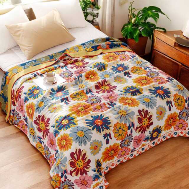 Floral Boho Throw Blanket 5-Layer Cotton Gauze, Reversible Design - image 1