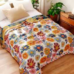 Floral Boho Throw Blanket 5-Layer Cotton Gauze, Reversible Design - thumbnail 1