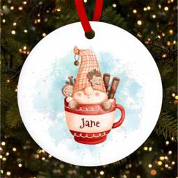 Festive Gnome Sitting in Cup Personalised Christmas Tree Ornament Decoration
