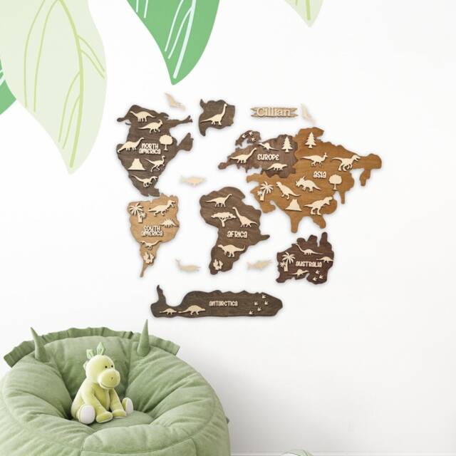 Wooden Wall Map- Dinosaur Nursery Decor- Map Art - Kids Bedroom World Dino Playroom Decor - image 1
