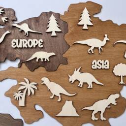 Wooden Wall Map- Dinosaur Nursery Decor- Map Art - Kids Bedroom World Dino Playroom Decor - thumbnail 2