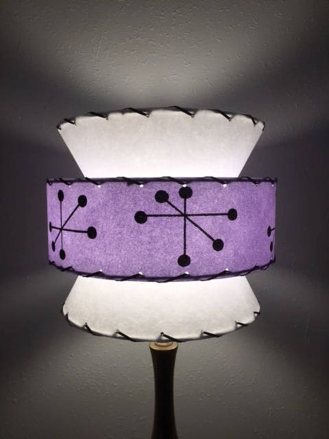 Mid Century Vintage Style Tapered 3 Tier Fiberglass Lamp Shade Starburst Atomic Wht/Lav - image 1