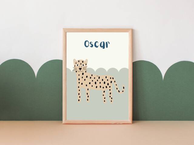 Kids Personalised Leopard/Cheetah Safari Theme Print For Child's Room, Nursery Or Playroom - Print Only - image 1