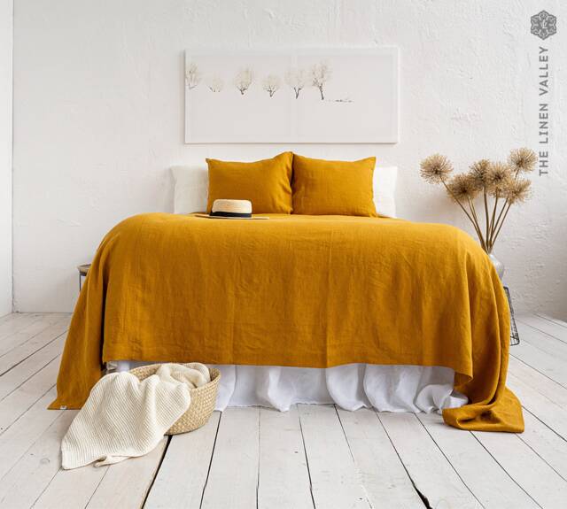 Amber Yellow Linen Bedspread - Stonewashed Breathable Flax King Queen Bed Cover- Quilt- Coverlet- Natural Throw Blanket - image 1