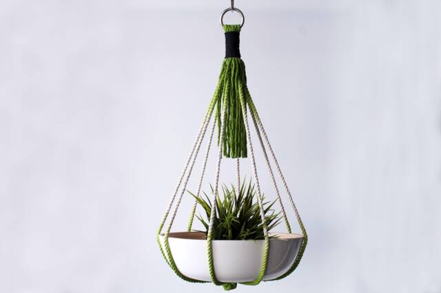 Handmade Macrame Plant Hanger Apple Green Cotton Rope, No Tassel - image 1